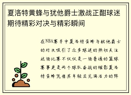 夏洛特黄蜂与犹他爵士激战正酣球迷期待精彩对决与精彩瞬间